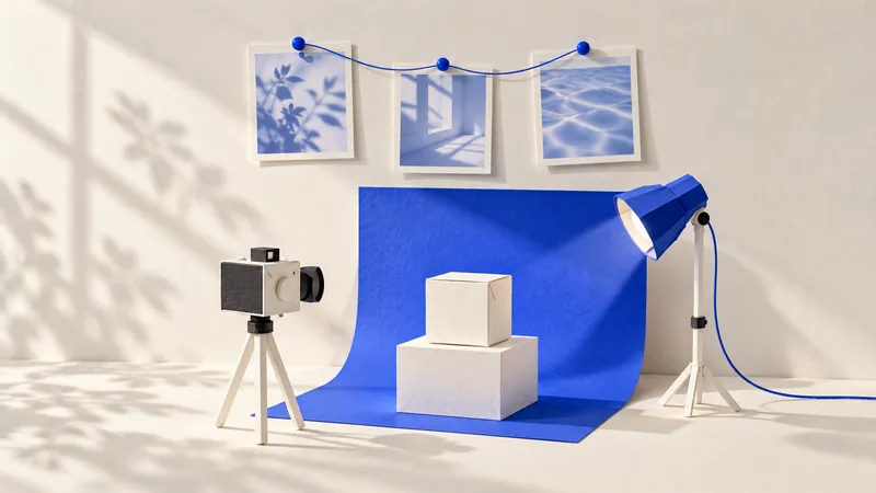 A miniature film set made of paper: a small paper camera on a tripod and a paper spotlight aimed at a plain box on a cobalt paper backdrop, with three photos pinned to the wall above.
